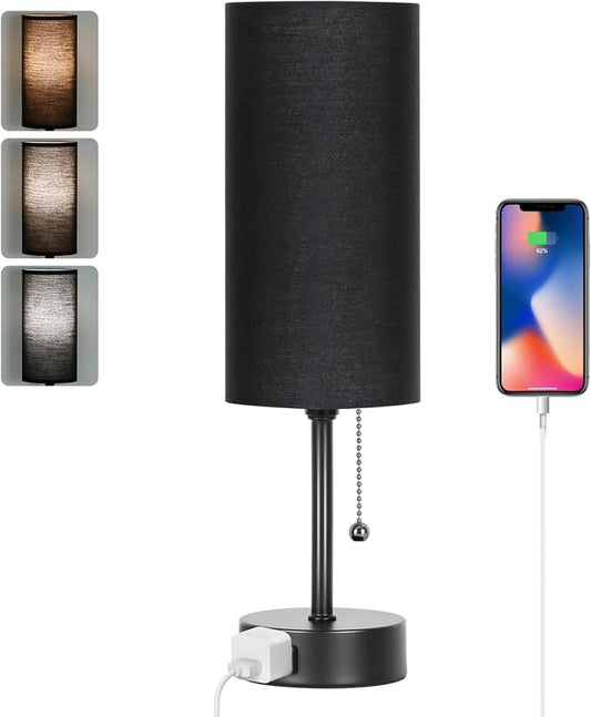 Dott Arts Table Lamp for Bedroom, 3-Color Bedside Lamps with Pull Chain | Bedroom Table Lamps for Nightstand,AC Outlet Small Lamp for Living Room, Bulb Included Black