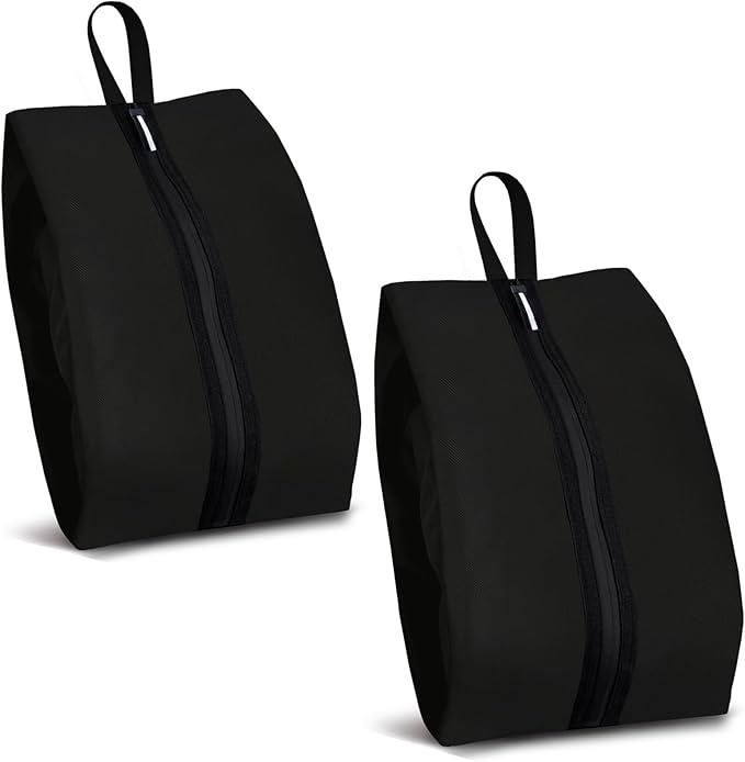 Shoe Bag for Travel, Water-Resistant Shoe Pouch for Gym, Odor-Resistant Soccer Cleats Bag with Zipper for Sports Travel Work Men and Women (Black, 2-Pack)