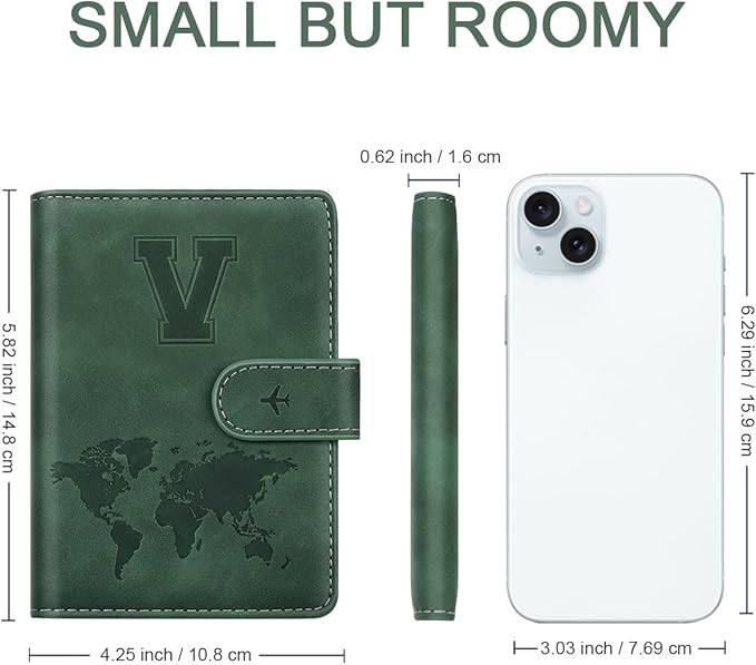 Personalized V Passport Holder Cover Initial Letter Travel Wallet RFID Blocking Passport Cover Credit Card Holder Case Passport Book Holders for Women and Men, Pine Green-V