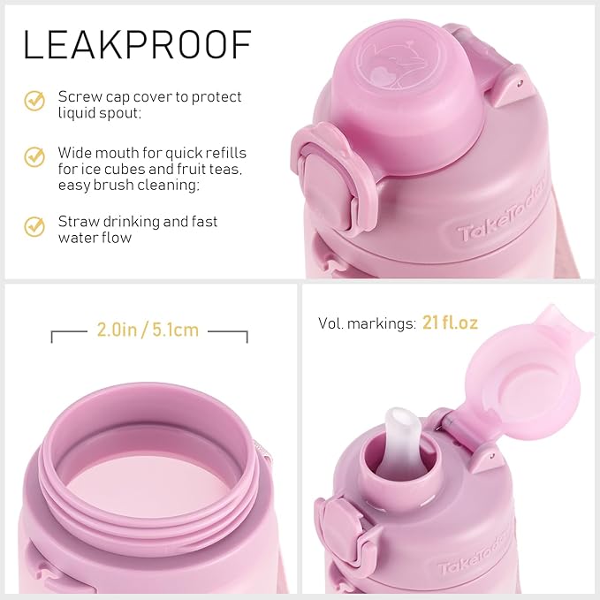 TakeToday Collapsible Water Bottles 21oz (600mL), Foldable Platinum Silicone Travel Water Bottle with Straw & Carry Strap, Leak-Resistant Screw Lid, Wide Mouth, BPA-Free for Hiking, Camping, Travel