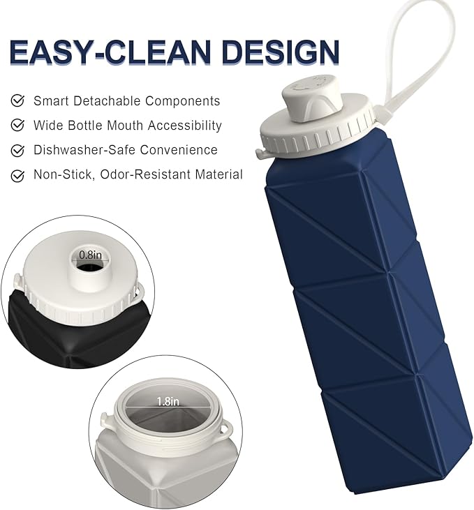 Collapsible Water Bottles 20.6oz, Silicone Foldable Portable Travel Water Bottle, BPA-Free, Leakproof Reusable for Traveling Camping Hiking Sports Outdoor, 2 Pack (Black+Dark Blue)