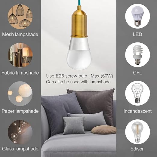 Teal Hanging Lamp Cord 15FT, Plug in Swag Light Kit, 2-Pack | Two independent hanging cords, 18AWG wire, porcelain E26 sockets, gold aluminum shells