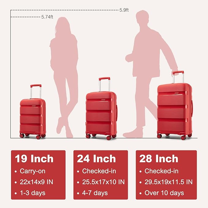 Kono Luggage Sets 3 Piece Hard Shell Travel Trolley 4 Spinner Wheels Lightweight Polypropylene Suitcase with TSA Lock (Red, 20/24/28 Set)