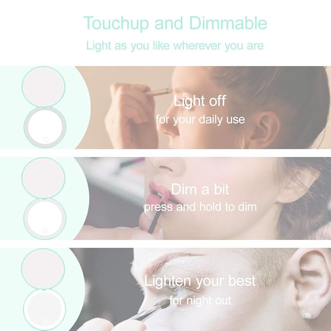 Compact Mirror with LED Light,1x/10x Magnifying Rechargeable Mirror,3.5in, Dimmable Travel Mirror for Purse,Pocket,Handheld 2-Sided Makeup Mirror