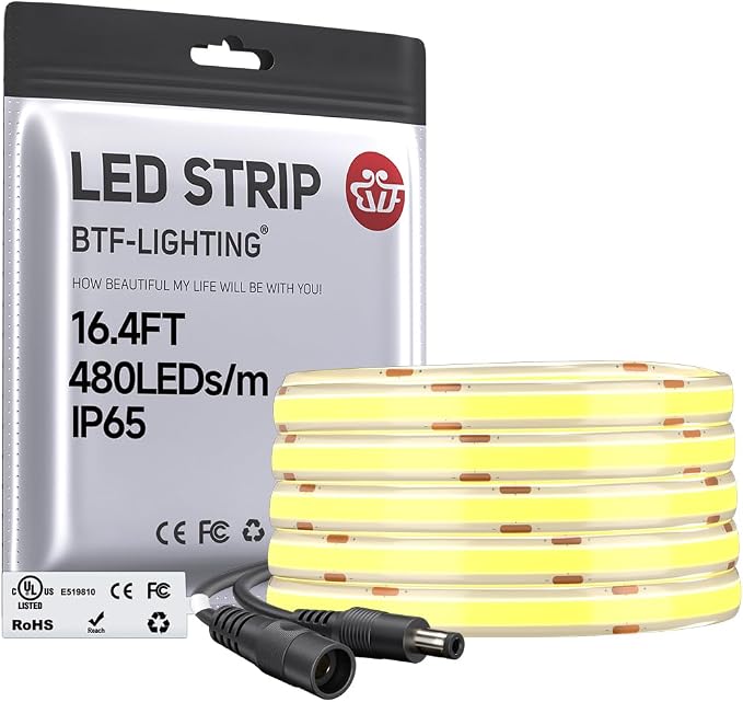 BTF-LIGHTING FCOB COB LED Strip Cool White 6000K IP65, UL Listed 480LED/m High Density Uniform Light, 16.4FT DC12V CRI90+ 8mm Width Tape Light for Home Indoor DIY Lighting(No Adapter & Controller)