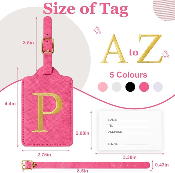 Personalized Initial Luggage Tags for Suitcases,Leather Letter Cute Luggage Tags with Privacy Name Card,Embroidered Monogrammed Travel Bag Backpack Tag Gifts for Women Kids Girls Teens(Rosered-P)
