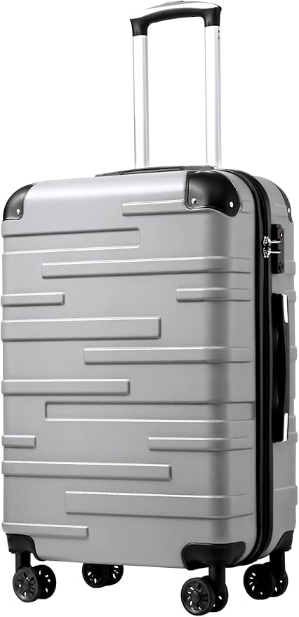 Coolife Hardside Checked Luggage with TSA Lock, Spinner Wheels, Telescopic Handle, Lightweight Suitcase (Silver, M(24in))