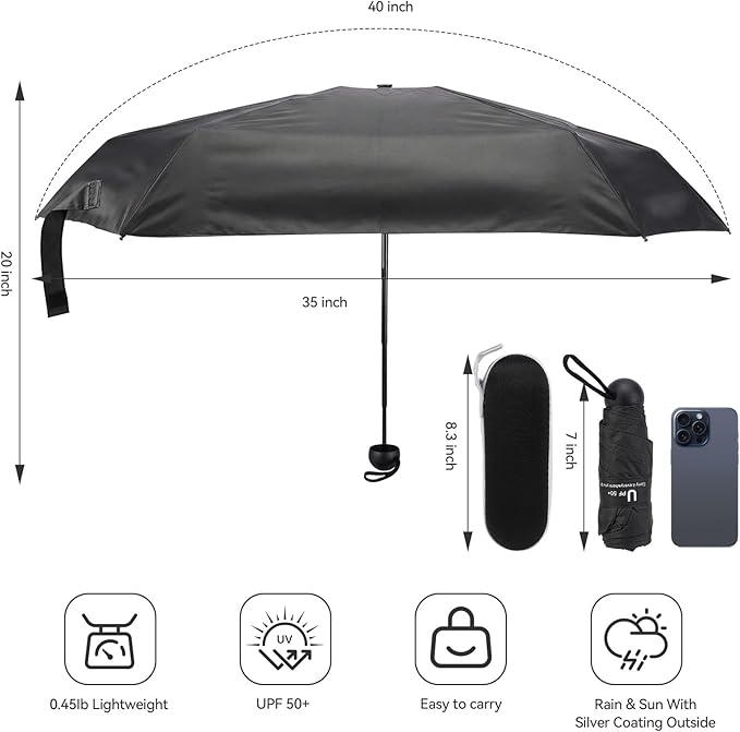 Mini Umbrella for Travel, Compact Folding Umbrella with Case, Lightweight 0.45lb Small Pocket for Backpack and Purse, Rain and Sun Protection - UPF 50+ Windproof Travel Umbrella Compact Mini for Outdoor Use
