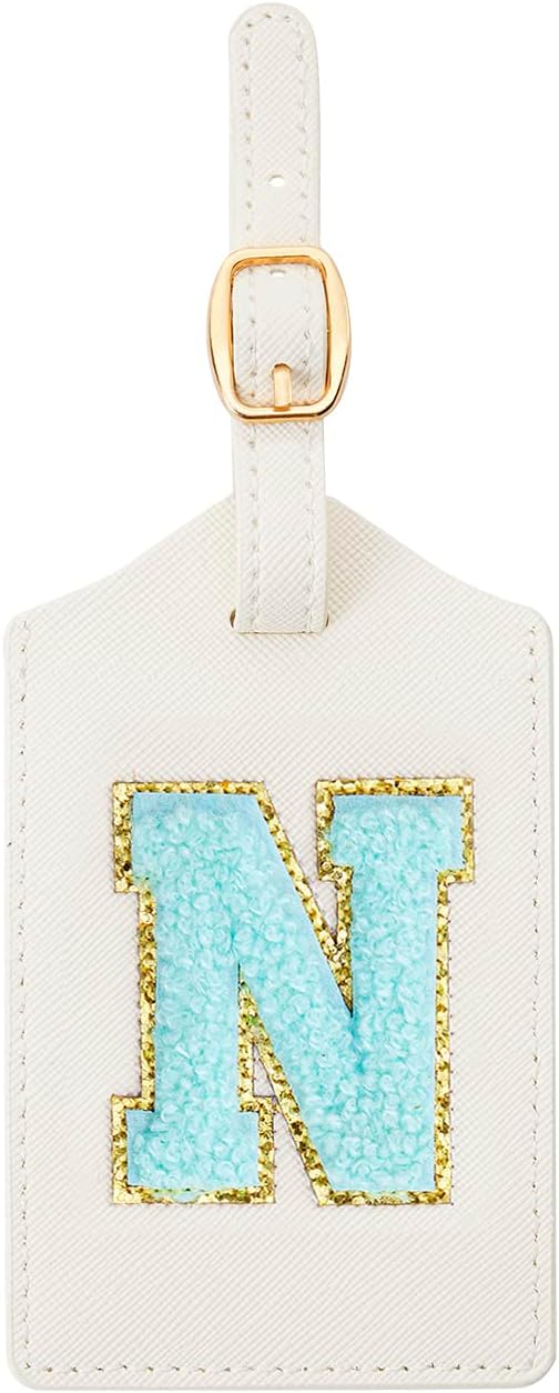 CHOIEO Initial Luggage Tag, PU Leather Luggage Tag, Embroidered Luggage Tag, Letter Luggage Tag, Monogrammed Luggage Tag, Luggage Tag for Baggage Bag Suitcase (N Letter, White Leather+Blue Letter)