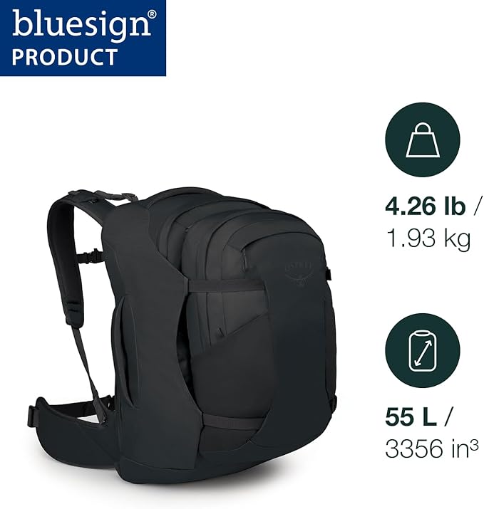 Osprey Farpoint 55L Men's Travel Backpack - Carry On Bag with Personal Item Sized Detachable Daypack, Black, Extended Fit