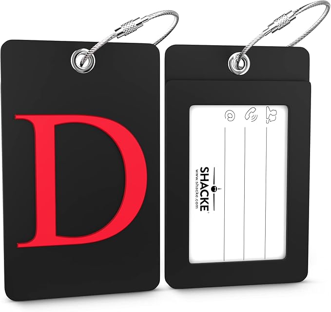 Shacke Luggage Tag Initial - Fully Bendable Tag w/Stainless Steel Loop - Black (Letter D)