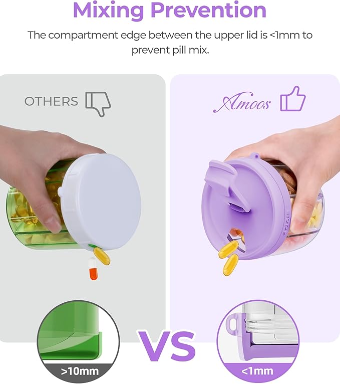 Cute Pill Dispenser with 7 Large Compartments, Portable Pill Bottle Organizer with Wide Opening for Easy Use, Anti-Mix Pill Organizer for Travel, BPA-Free Pill Container, Purple