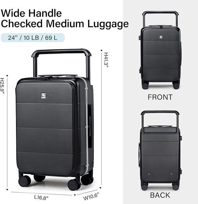 Hanke Top Opening 24 Inch Luggage with Spinner Wheels, Aluminum Frame All-PC Hard Shell Medium Suitcase, Trunk Wide Handle Luggage for Travel, TSA Checked-Medium (Jet Black, 69L)