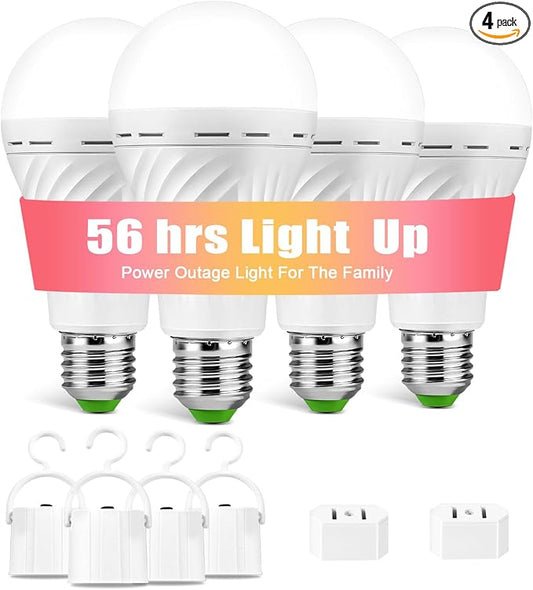 Rechargeable Emergency Light Bulbs, Battery Powered Light Bulb | 6000K Daylight E26 12W 60W Equivalent with 1500mAh for Home Power Outage Camping Hiking(4 Bulbs, 4 Hooks,2 Plug Caps)