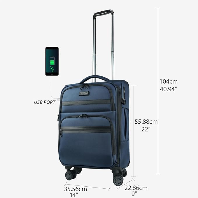 KROSER Softside Expandable Carry On Luggage with Front Business Pockets，20 Inch Suitcases with Spinner Wheels & Built-in TSA Lock, Durable Suitcase Rolling Luggage with USB Port, Haze Blue