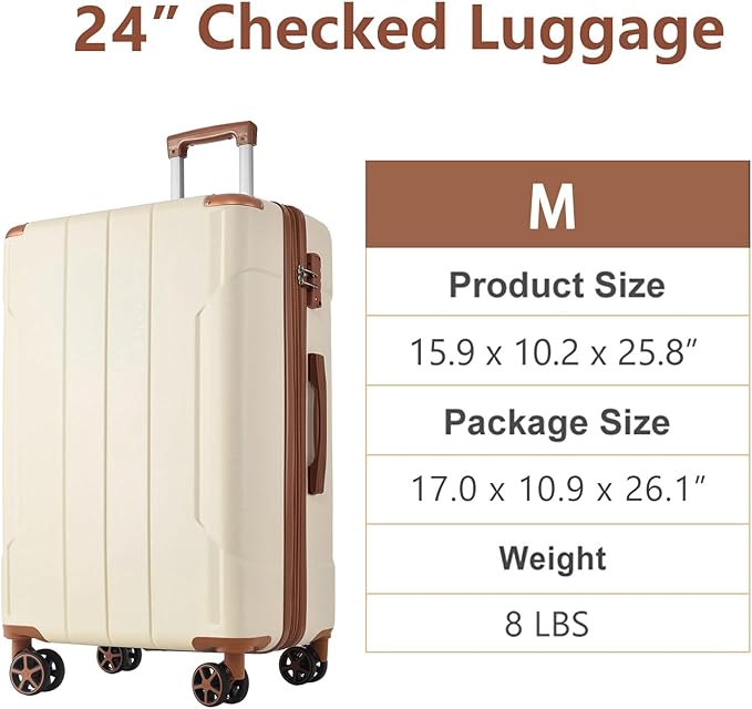 24 Inch Checked-Large Luggage, Lightweight ABS Hard Shell Suitcase with Spinner Wheels, Expandable Travel Luggage with Combination Lock & Side Hooks for Men Women, White Brown