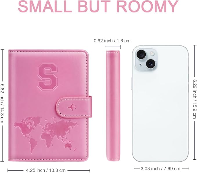 Passport Holder Cover Initail Letter A-Z Travel Wallet Embossed Design RFID Blocking Card Holder Personalized Gift Passport Cover Wallet, Passport Book Holders for Women and Girls, Pink-S