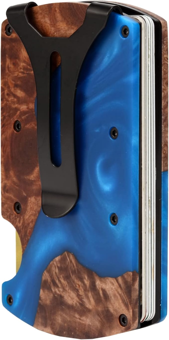 Carbon Fiber Minimalist Wallet for Men Credit Card Holder Money Clip & Cash Strap Slim RFID Mens Wallets,Resin Natural Walnut Wood,Unique Pattern,Dark Blue