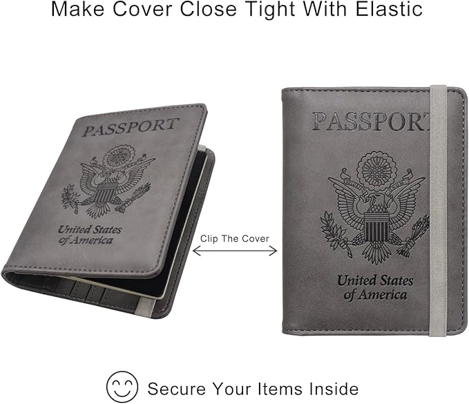 WALNEW Passport Holder Wallet, RFID Blocking Passport Cover Case PU leather Card Holder with Pen and Clear Card Slot for Women Men, Gray