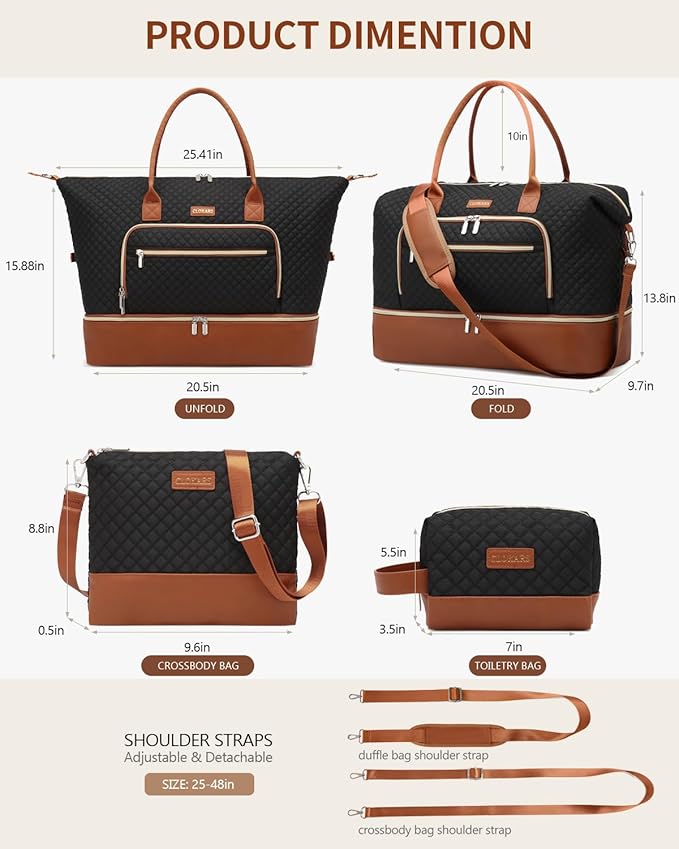 Large Women Travel Duffle Bag, Weekender Bag Overnight Bag with Shoe Compartment, Carry on Bag with Crossbody Purse for Over Night, Weekend, Yoga, Gym, Business Trips, Hospital, Black Brown