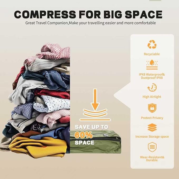 Reusable Vacuum Bags for Travel With Pump,Professional Waterproof IPX8 Zipper Vacuum Compression Bag for Suitcases Backpack,Space Saver Bags Packing Organizers for Clothing Packing(3 Pack,Green)