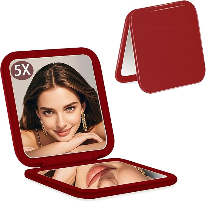 CYHTSHFZ Small Compact Mirror for Purse,5X/1X Travel Magnifying Mirror for Women, Makeup Mirror for Girls, Portable Ultra Slim Pocket Mirror（Red）