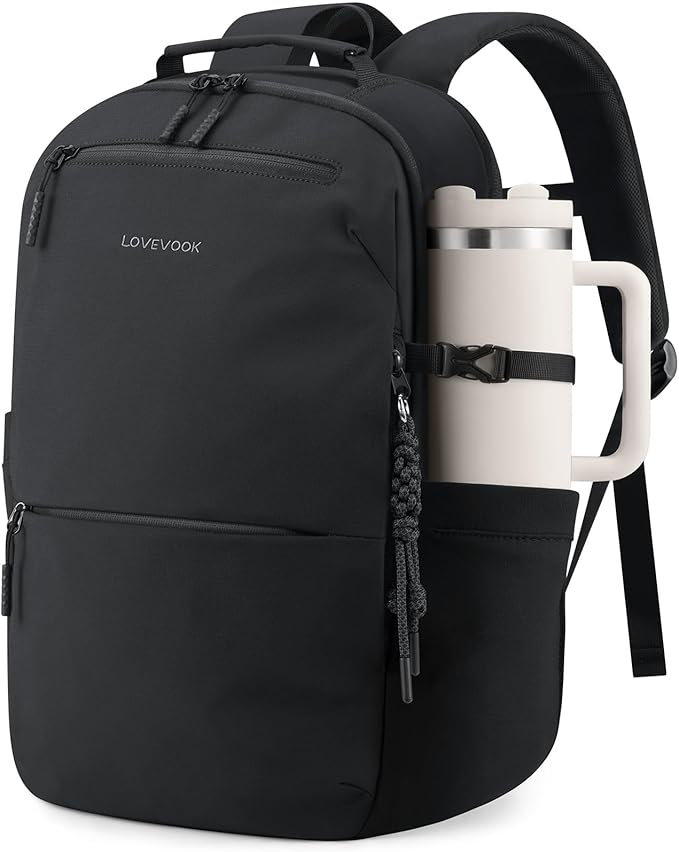 LOVEVOOK Laptop Backpack for Women Men with Giant Tumbler Holder - 17.3Inch Work Computer Travel Backpack with Laptop Compartment, Water Resistant, Cute Commuter College Teacher Nurse Purse Bag,Black