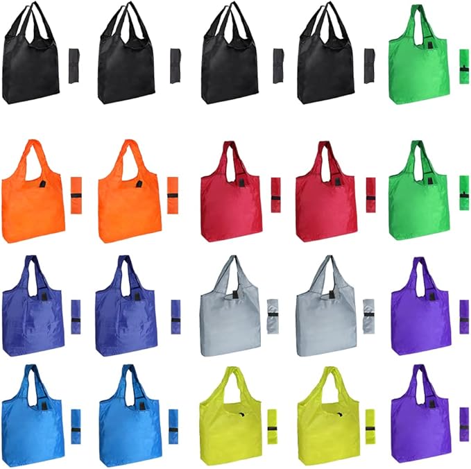 Aricsen 20 Pack Durable Colorful Folding Reusable Grocery Bags Handles Bulk Strong, Colored Eco Friendly Shopping Foldable Kitchen Large Washable Pocket Nylon, Polyester Color Cloth Fabric | 20 Pack, Durable, Folding, Reusable, Handles, Bulk