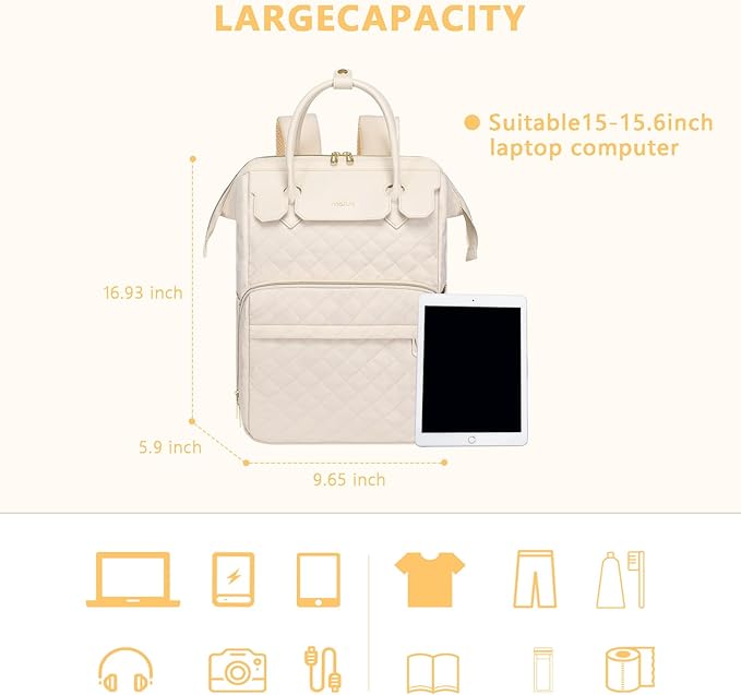 MOSISO Laptop Backpack for Women Men, 15-15.6 inch Rhombus Quilted Flight Approved Travel Backpack with PU Handle, 16 inch Carry on Daypack with USB Port for College Work Business, Beige