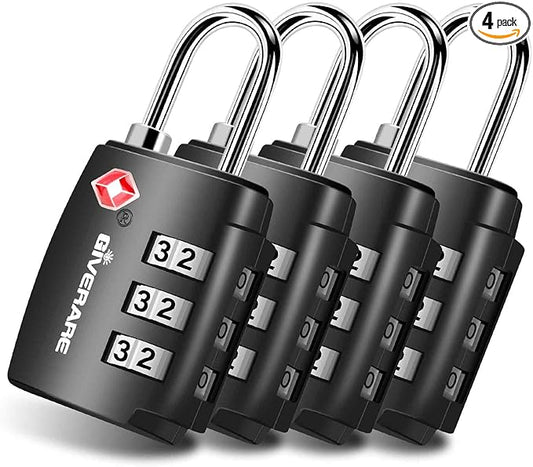 4 Pack TSA Approved Travel Luggage Locks, Combination Lock Alloy Body, Metal Keyless 3-Digit Padlocks, TSA Accepted Compatible Padlock for Gym Locker, Golf Bag Case, Backpack, Black-by GIVERARE