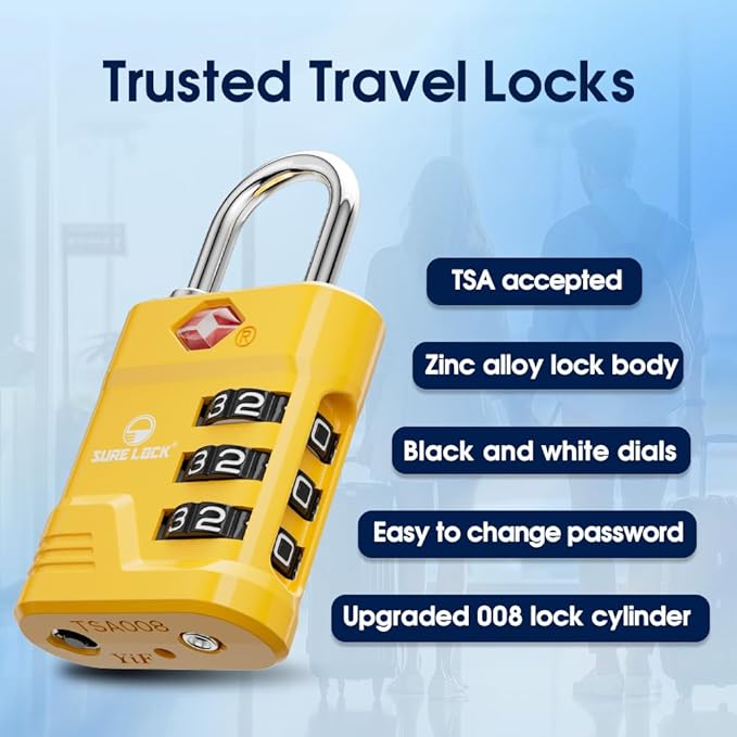 SURE LOCK TSA Approved Luggage Lock – 3-Digit Resettable Combination Padlock with Open Alert Red Dot, Large Easy-Read Dials for Suitcases, Backpacks, Gym & School Lockers(Yellow 4 pk)