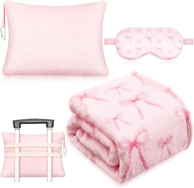 3 Pcs Travel Airplane Blanket Gift Set for Women 40 x 60 Pink Bow Throw Blanket, Eye Mask and Storage Bag with Hand Luggage Sleeve Comfort and Self Care Essentials for Flying Train and Road Trip