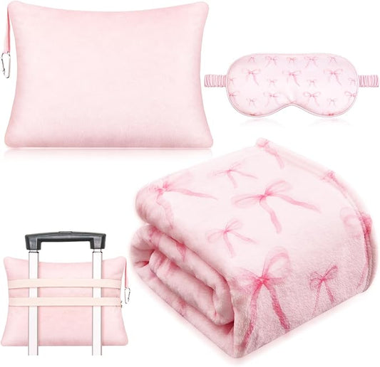 3 Pcs Travel Airplane Blanket Gift Set for Women 40 x 60 Pink Bow Throw Blanket, Eye Mask and Storage Bag with Hand Luggage Sleeve Comfort and Self Care Essentials for Flying Train and Road Trip