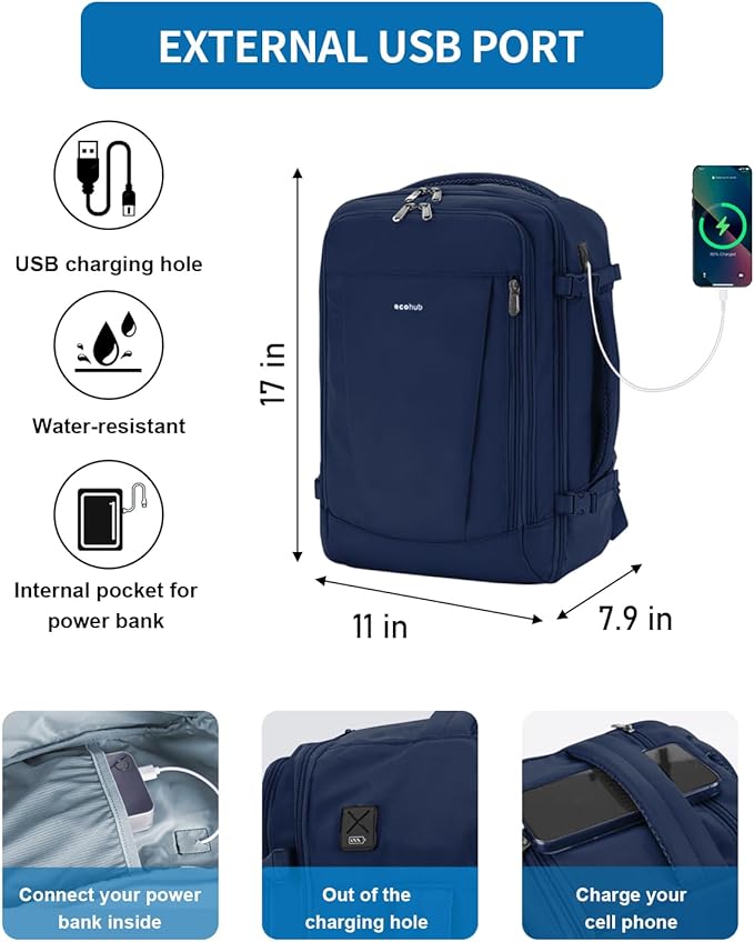 ECOHUB 17'' Travel Backpack, Personal Item Backpack with 13 Pockets, Flight Approved Carry on Backpack with USB Port & Luggage Sleeve, Travel bag for Men & Women, Water Resistant Backpack, Blue
