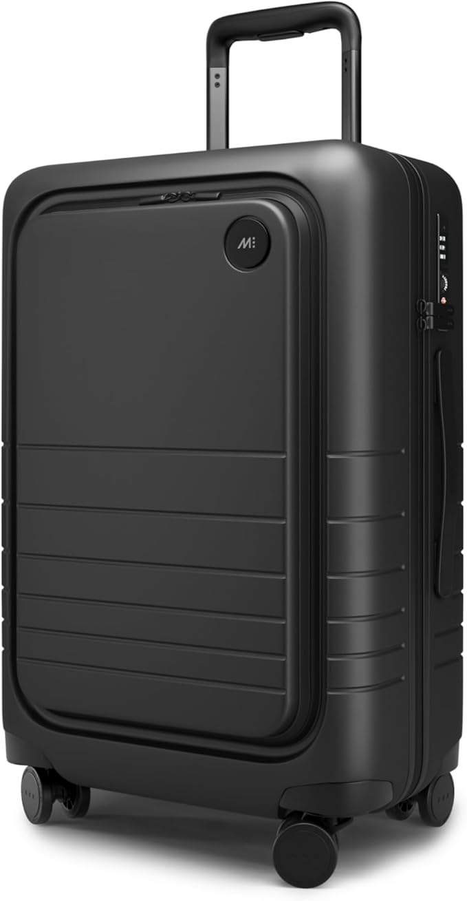 Monos Carry-On Pro Plus Luggage (23"), Hardside Spinner Suitcase with TSA Lock & Front Pocket, Airline Approved, Midnight Black
