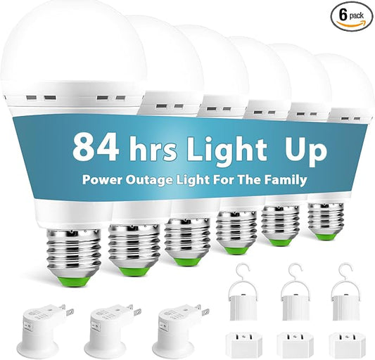 Emergency Rechargeable Light Bulbs, Battery Powered LED Bulb | Daylight E26 60W Equivalent with 1500mAh for Home Power Outage Camping Hiking(6 Bulbs,3 Plug Caps, 3 Hooks,3 socket adapter)