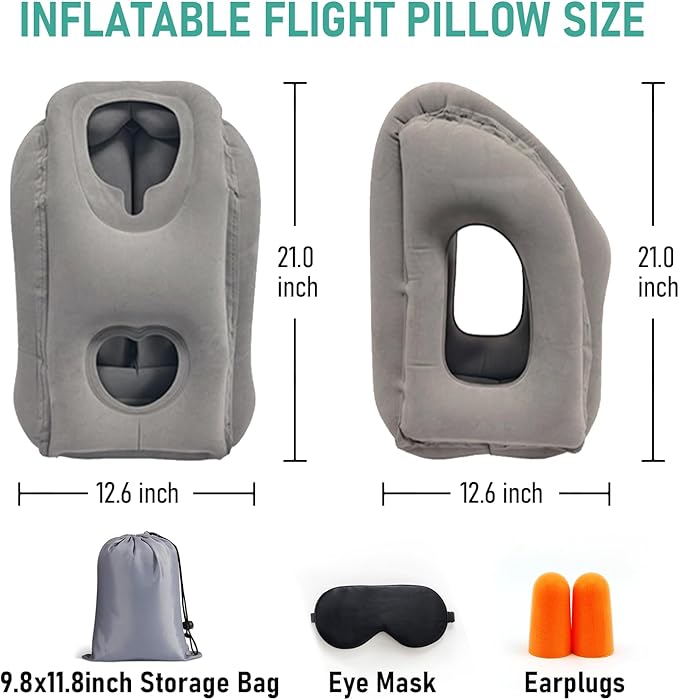Inflatable Travel Pillow for Airplanes, Airplane Pillow for Long Flight Comfortably Supports, Used for Planes, Trains, Cars, Includes Storage Bag, Eye Mask & Earplugs (Grey)