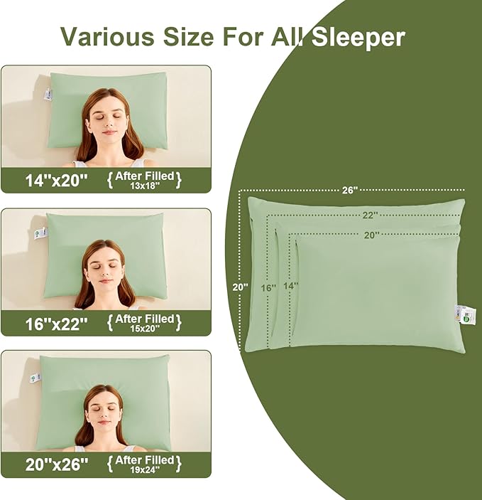 Organic Buckwheat Pillow for Sleeping with Dual-Layer Pillowcase and Extra Tartary Buckwheat Hulls, Adjust Height and Firmness, Neck Support Pillow for Back and Side Sleepers 20"x26", Sage Green