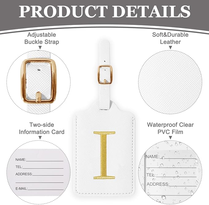 Personalized Initial Luggage Tags for Suitcases,Leather Letter Cute Luggage Tags with Privacy Name Card,Embroidered Monogrammed Travel Bag Backpack Tag Gifts for Women Kids Girls Teens(White-I)