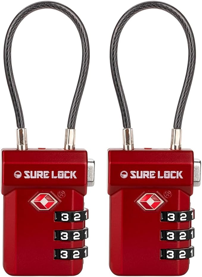 SURE LOCK TSA Approved Luggage Locks – 3-Digit Combination Cable Lock with Red Indicator, Large Dial & Easy-Press Button for Suitcases and Backpacks – Multi-Pack & Color Options