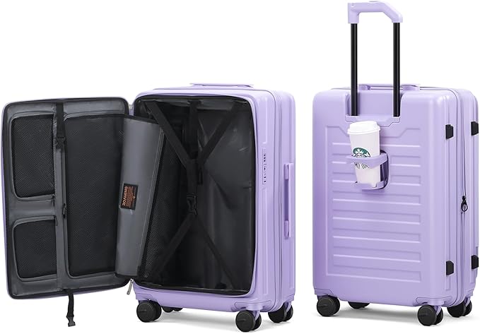 ROAMING 24 Inch Checked Luggage TOP Opening Rolling Suitcase PC hard sided luggage with Spinner Wheels Cup Holder Tsa Lock Specially Designed Ergonomic Pull Rod Handle for Travel Woman Men purple