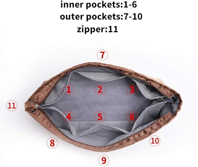 iN. Purse Organizer Insert with zipper, Nylon fabric Storage Bag with handles, for womens Handbags & Tote bags, neverfull, lightweight medium sized Brown