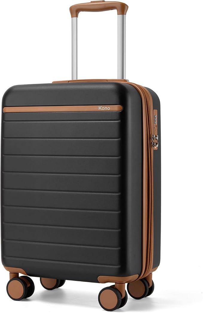Kono Expandable 20 Inch Carry On Suitcase Airline Approved, Lightweight ABS+PC Hardshell Luggage with 360° Silent Spinner Wheels, Black/Brown