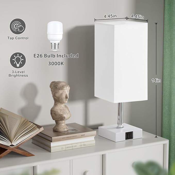 Touch Table Lamp for Bedroom - Dimmable, USB C+A, White Lamphade White Base | 3-Way Dimmable, 3000K LED Bulb Included, Square Lampshade, Cute Room Decor for Teen Girls, Kids, Small Lamp for Dorm, Nursery