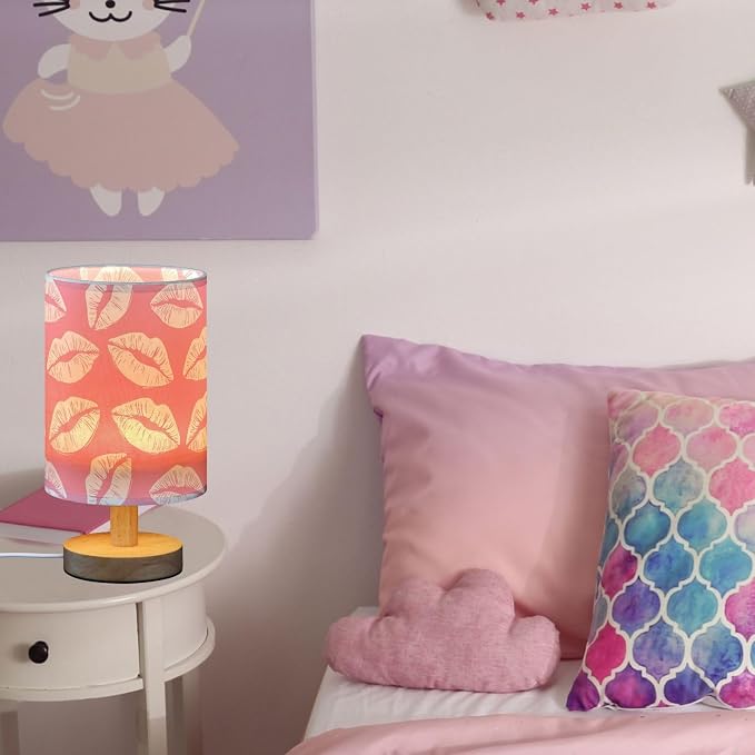 Sexy Lip Preppy Pink Colored Love Kisses Bedside Table Lamps with USB Port for Bedroom Lamp Table Lamp Small Nightstand Lamp Sturdy Linen Shade Wooden Decorative Lamps for Home Dorm Office Living Room