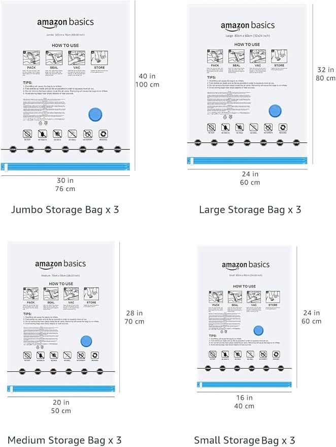Amazon Basics Vacuum Storage Bags with Hand Pump for Travel, Space Saving Compression Bags for Clothes and Blankets, Clear, 12 Pack (3 Small, 3 Medium, 3 Large & 3 Jumbo)