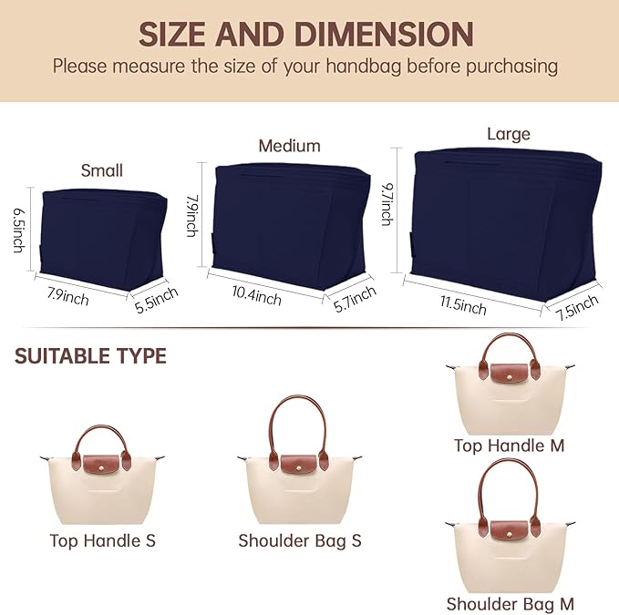 OPPOSHE Purse Organizer Insert for Longchamp Le Pliage, Premium Felt Long Champ Bag Handbag Women, Tote Organizer Insert with 9 Compartments (Large, Navy)