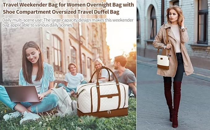Weekender Bag, Large Travel Duffel Bag for Women, Carry on Overnight Bag with Shoe Compartment and Toiletry Bags