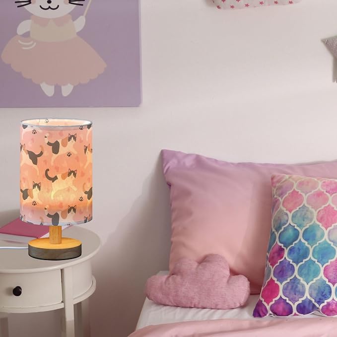 Cute Japanese Shorttail Cat and Paw Prints Hearts Bedside Table Lamps with USB Port for Bedroom Lamp Accent Table Lamp Small Nightstand Lamp Linen Shade Decorative Lamps for Kids|Reading|Dome|Home
