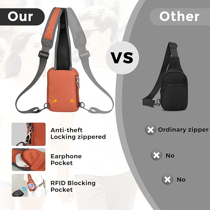 VADOO Sling Bag, Crossbody Bag with Zipper Lock, RFID Blocking & Water Resistant for Men and Women